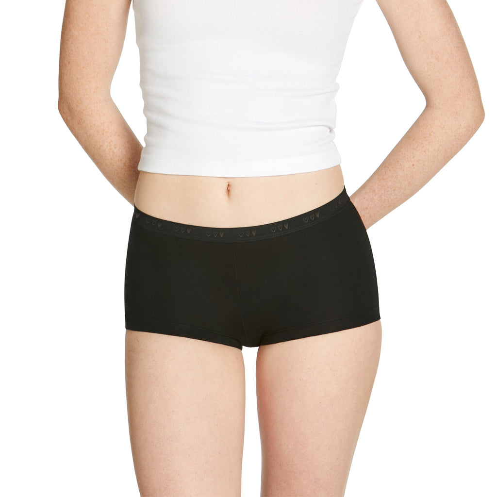 Love Luna First Period shortie brief in black with heart waistband detail